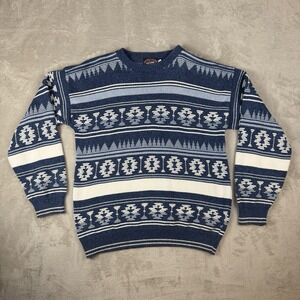 Vitg Aztec Sweater Mens M Victoria Dry Goods Blue White 3D Knit USA Southwestern
